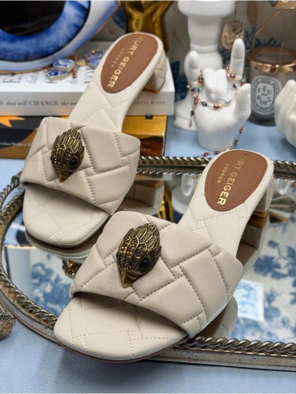 🆕 KURT GEIGER LONDON 🧿 NWOB Kensington Quilted Block Heel Sandals, Cream